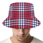 Blue Red And White USA Plaid Print Bucket Hat