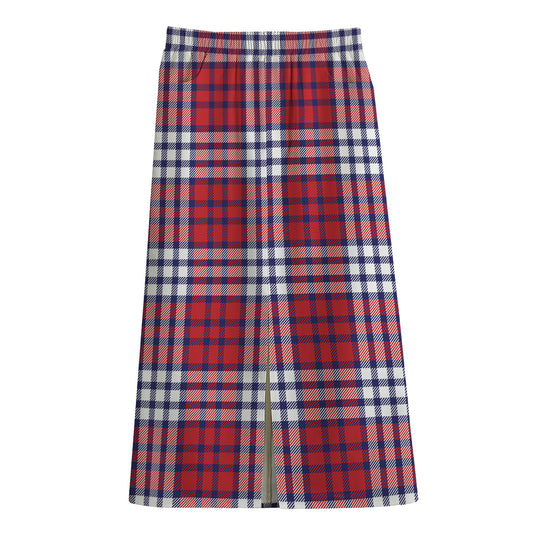 Blue Red And White USA Plaid Print Cotton Front Slit Maxi Skirt
