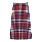 Blue Red And White USA Plaid Print Cotton Front Slit Maxi Skirt