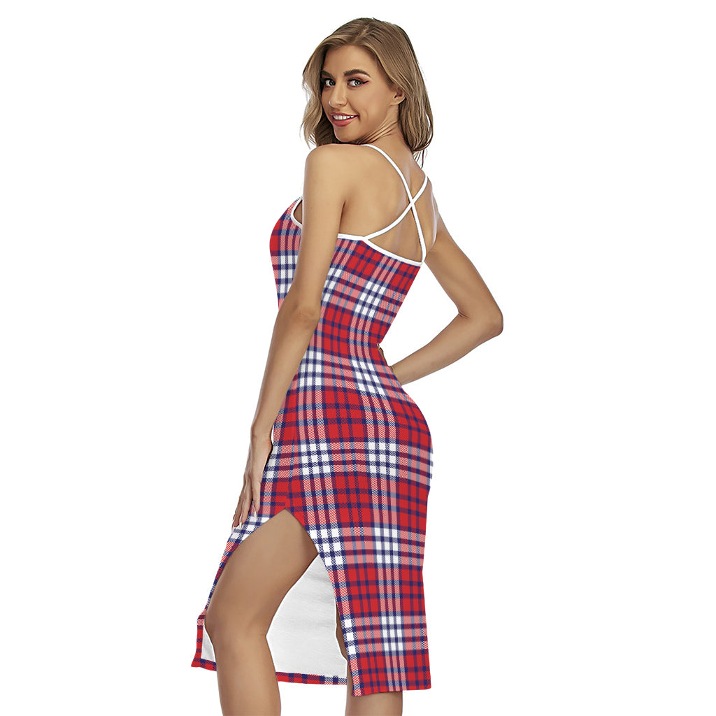 Blue Red And White USA Plaid Print Cross Back Cami Dress