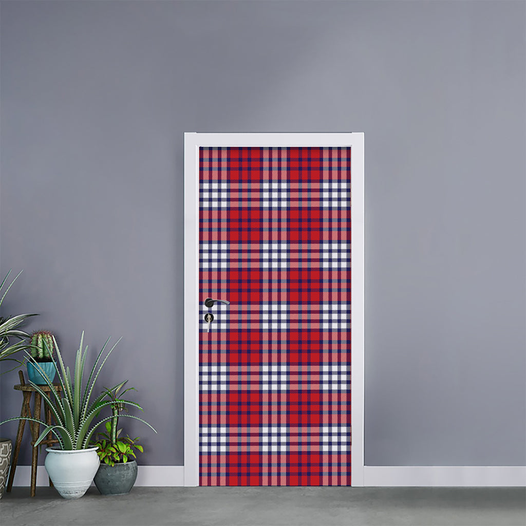 Blue Red And White USA Plaid Print Door Sticker