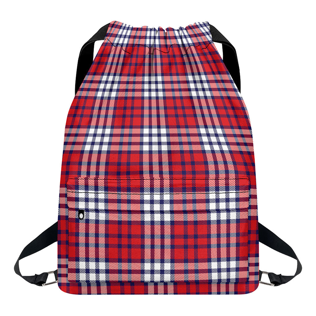 Blue Red And White USA Plaid Print Drawstring Backpack