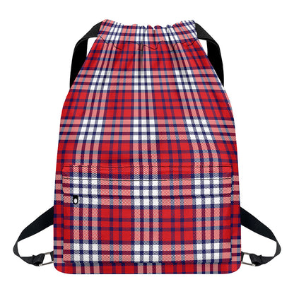 Blue Red And White USA Plaid Print Drawstring Backpack