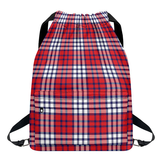 Blue Red And White USA Plaid Print Drawstring Backpack