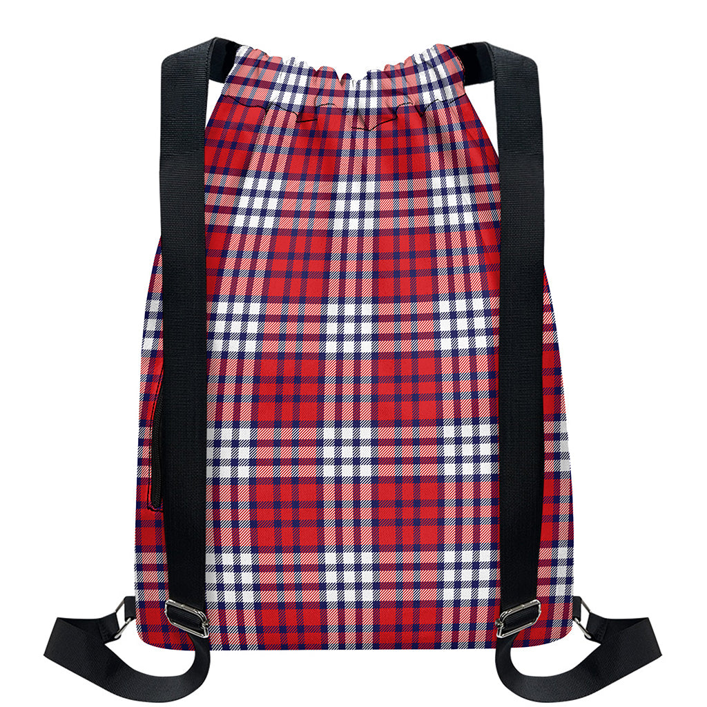 Blue Red And White USA Plaid Print Drawstring Backpack