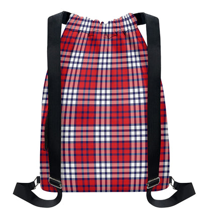 Blue Red And White USA Plaid Print Drawstring Backpack