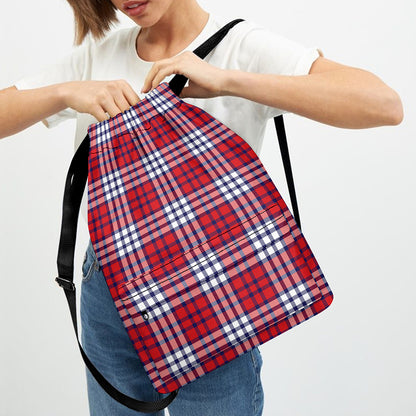 Blue Red And White USA Plaid Print Drawstring Backpack