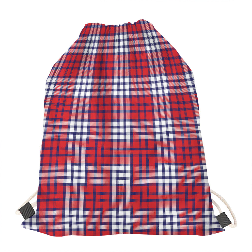 Blue Red And White USA Plaid Print Drawstring Bag
