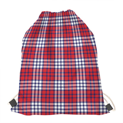 Blue Red And White USA Plaid Print Drawstring Bag