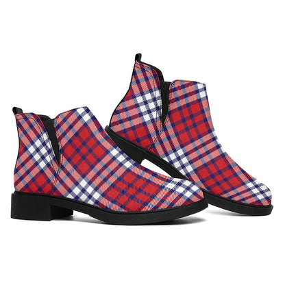 Blue Red And White USA Plaid Print Flat Ankle Boots
