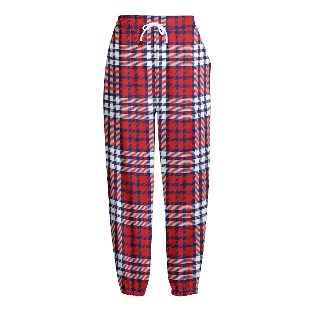 Blue Red And White USA Plaid Print Fleece Lined Knit Pants