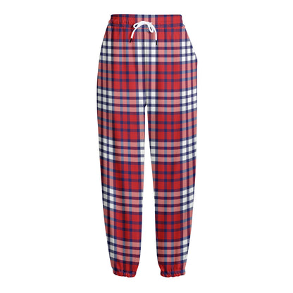 Blue Red And White USA Plaid Print Fleece Lined Knit Pants