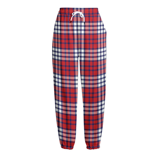 Blue Red And White USA Plaid Print Fleece Lined Knit Pants