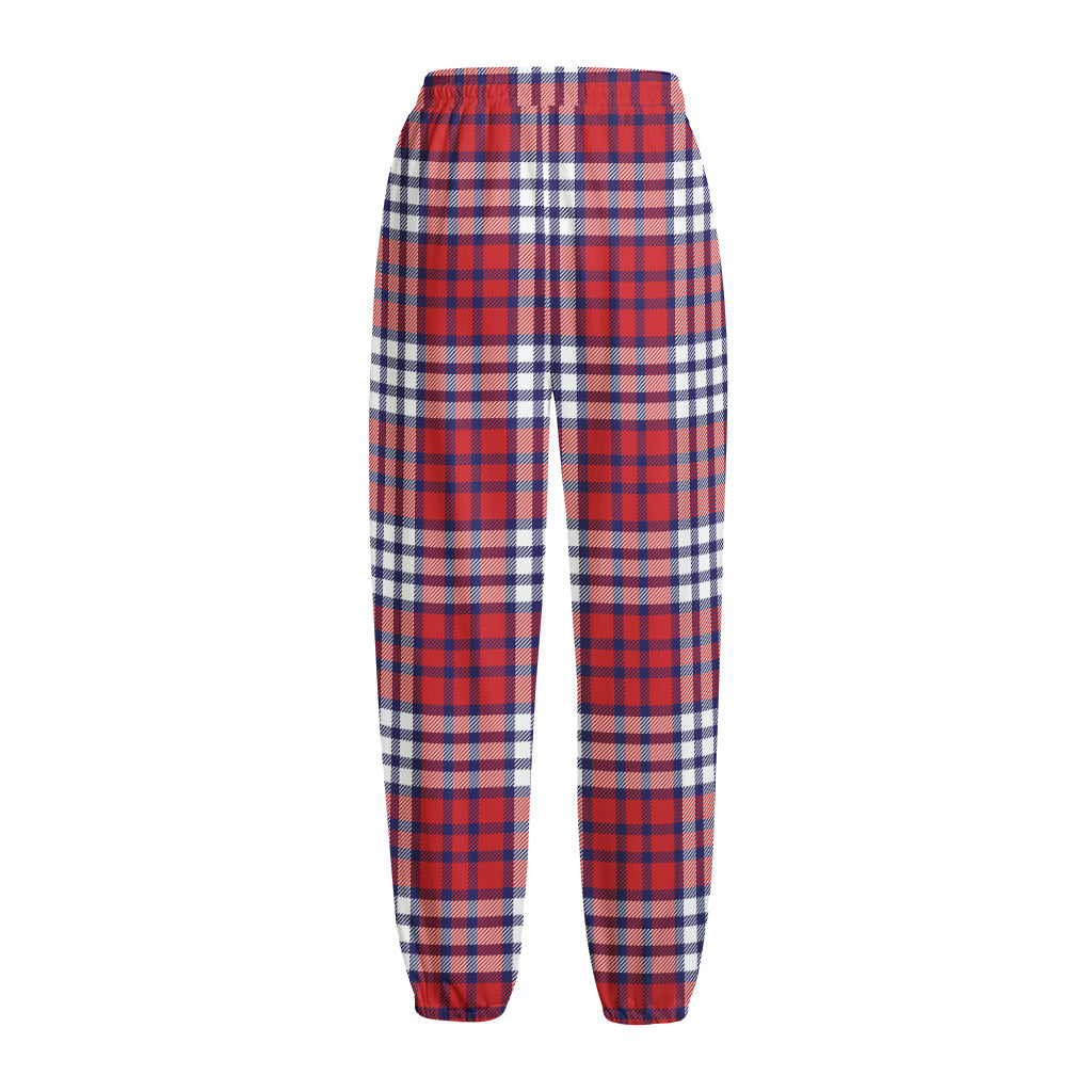 Blue Red And White USA Plaid Print Fleece Lined Knit Pants