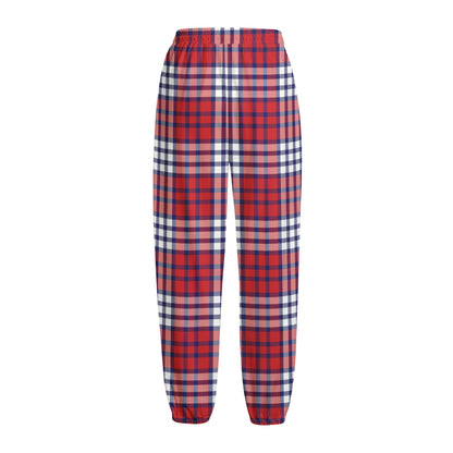 Blue Red And White USA Plaid Print Fleece Lined Knit Pants