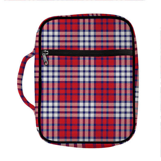 Blue Red And White USA Plaid Print Front Pocket Bible Bag