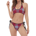 Blue Red And White USA Plaid Print Halter Scoop Tie Side Bikini