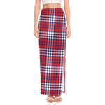 Blue Red And White USA Plaid Print High Slit Maxi Skirt