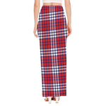 Blue Red And White USA Plaid Print High Slit Maxi Skirt