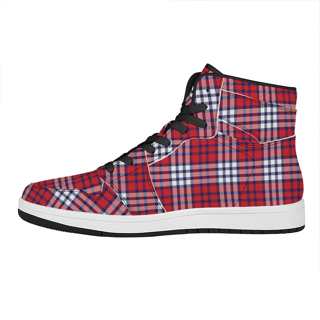 Blue Red And White USA Plaid Print High Top Leather Sneakers