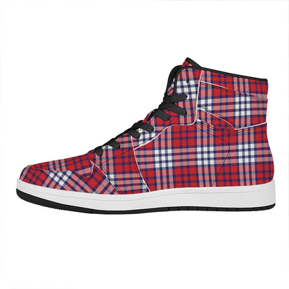 Blue Red And White USA Plaid Print High Top Leather Sneakers
