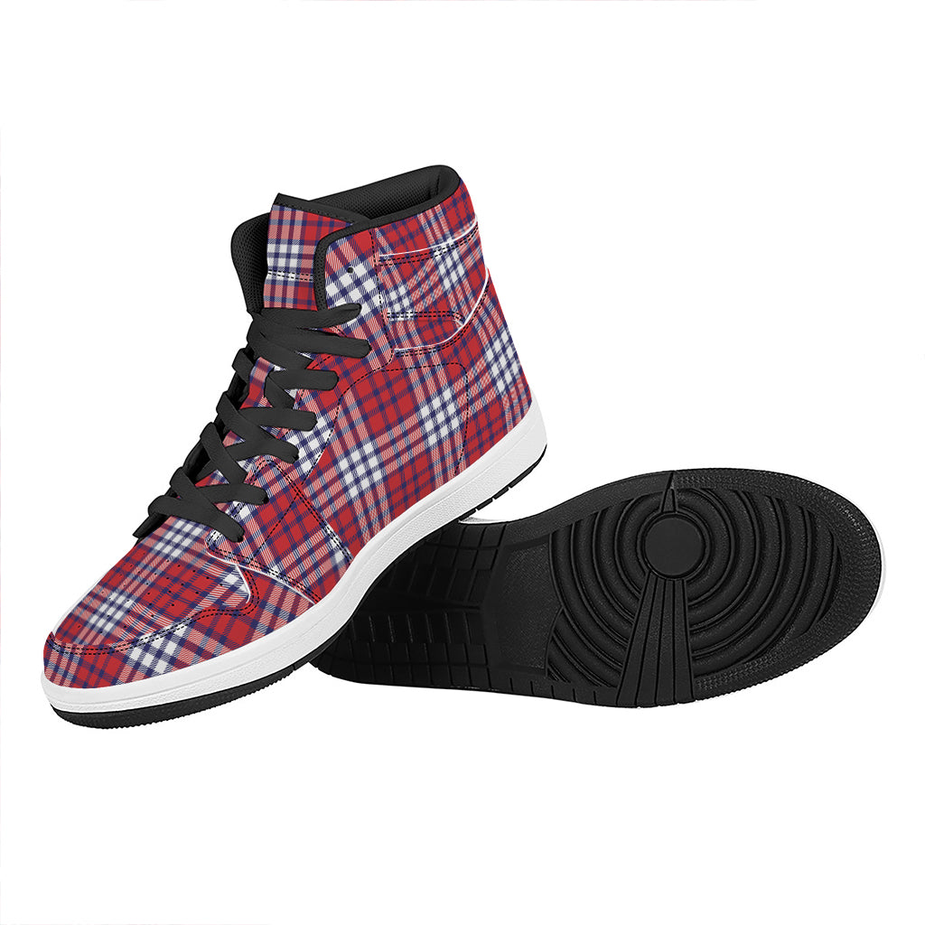 Blue Red And White USA Plaid Print High Top Leather Sneakers