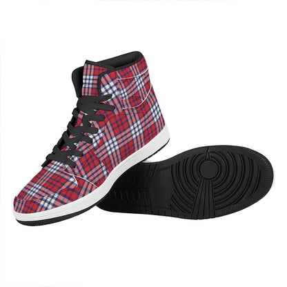Blue Red And White USA Plaid Print High Top Leather Sneakers