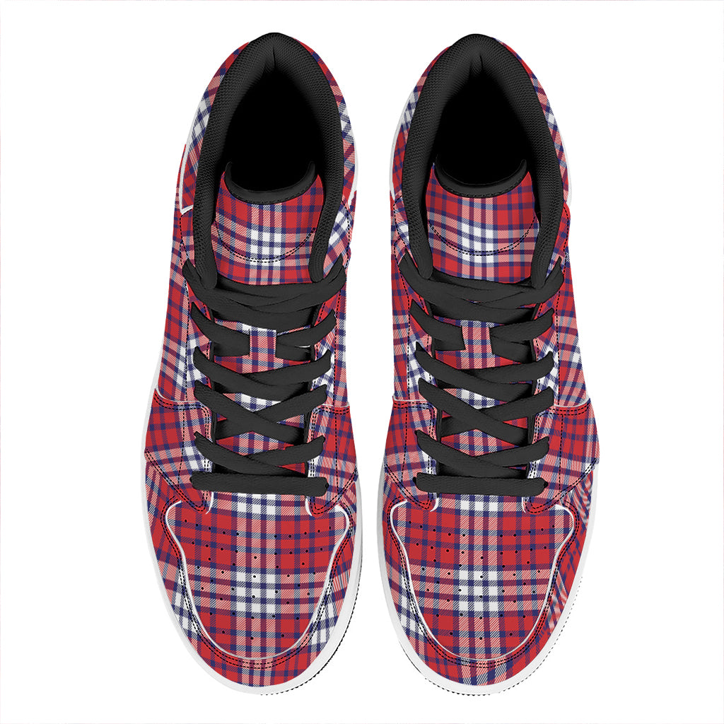 Blue Red And White USA Plaid Print High Top Leather Sneakers