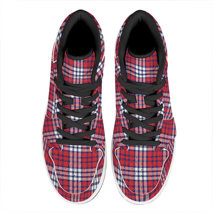 Blue Red And White USA Plaid Print High Top Leather Sneakers