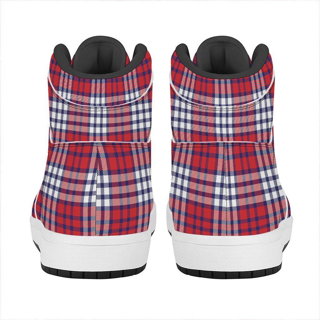 Blue Red And White USA Plaid Print High Top Leather Sneakers