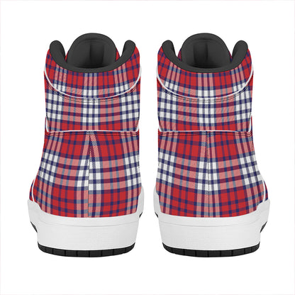 Blue Red And White USA Plaid Print High Top Leather Sneakers