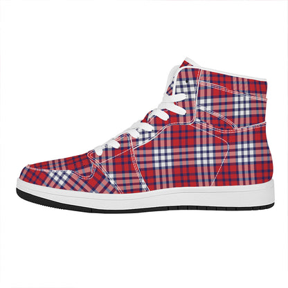 Blue Red And White USA Plaid Print High Top Leather Sneakers