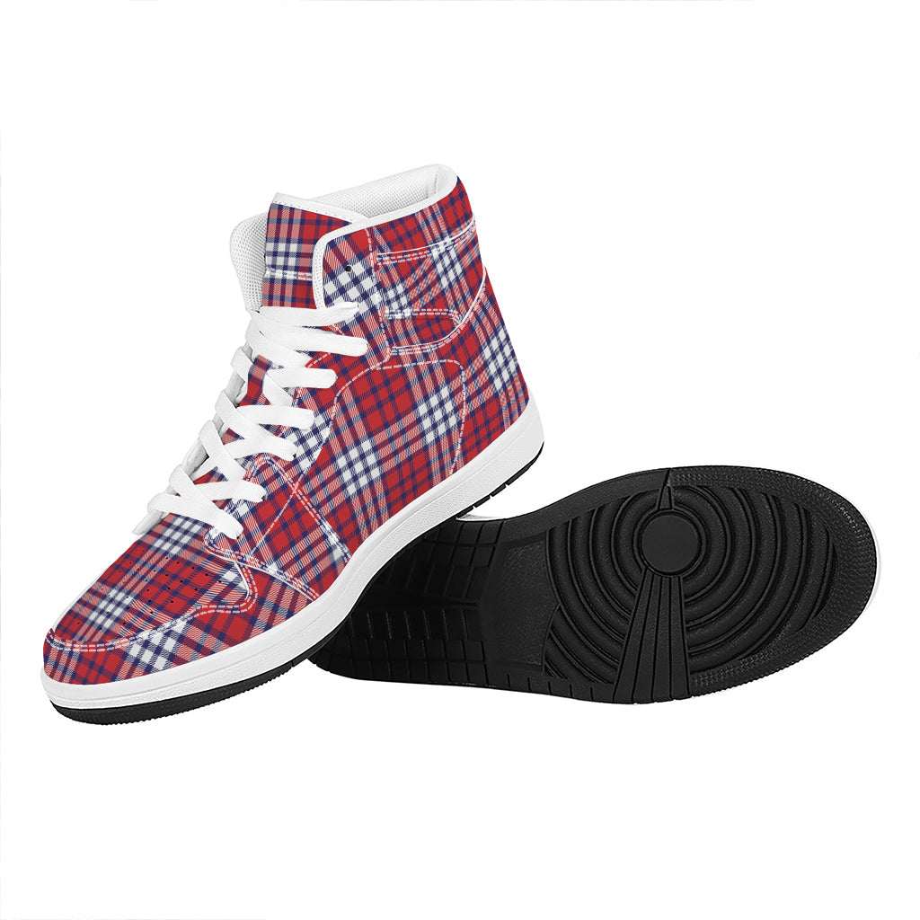 Blue Red And White USA Plaid Print High Top Leather Sneakers
