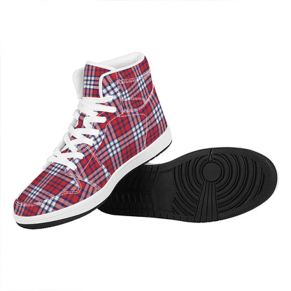 Blue Red And White USA Plaid Print High Top Leather Sneakers