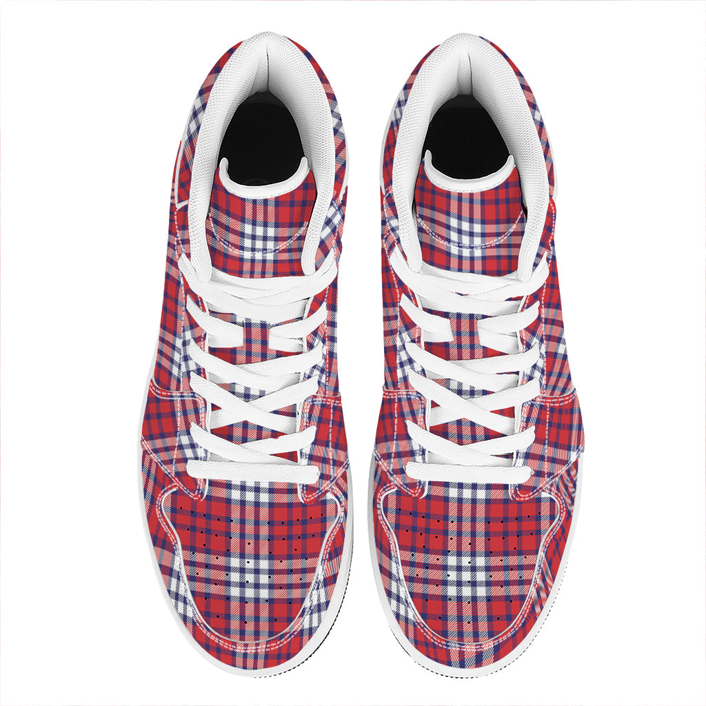 Blue Red And White USA Plaid Print High Top Leather Sneakers