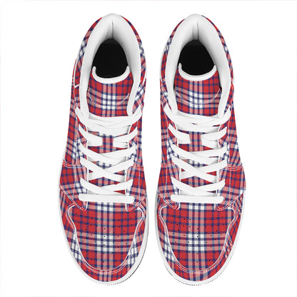 Blue Red And White USA Plaid Print High Top Leather Sneakers