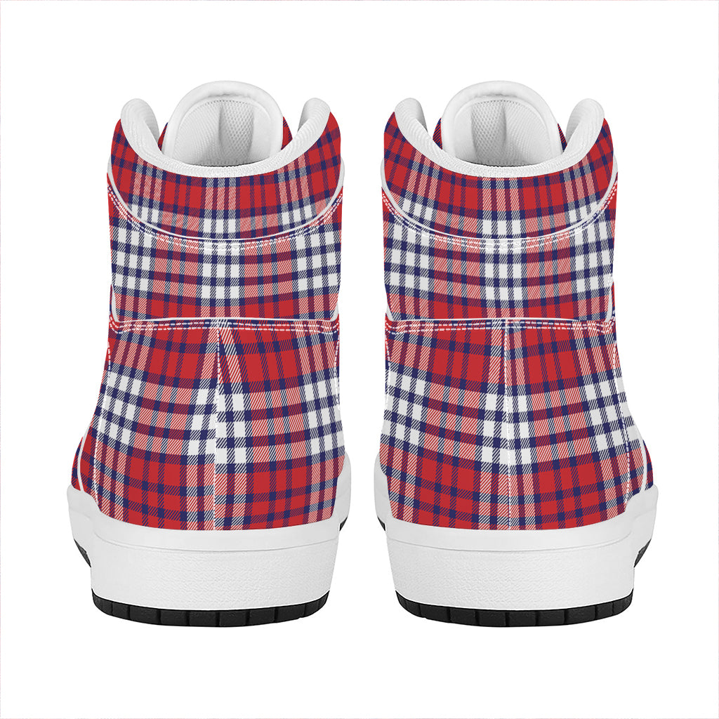 Blue Red And White USA Plaid Print High Top Leather Sneakers