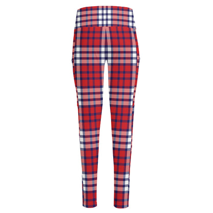 Blue Red And White USA Plaid Print High-Waisted Pocket Leggings