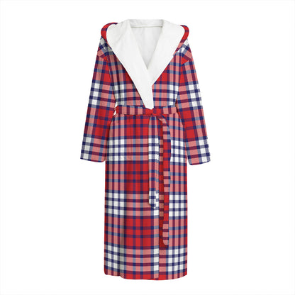 Blue Red And White USA Plaid Print Hooded Bathrobe