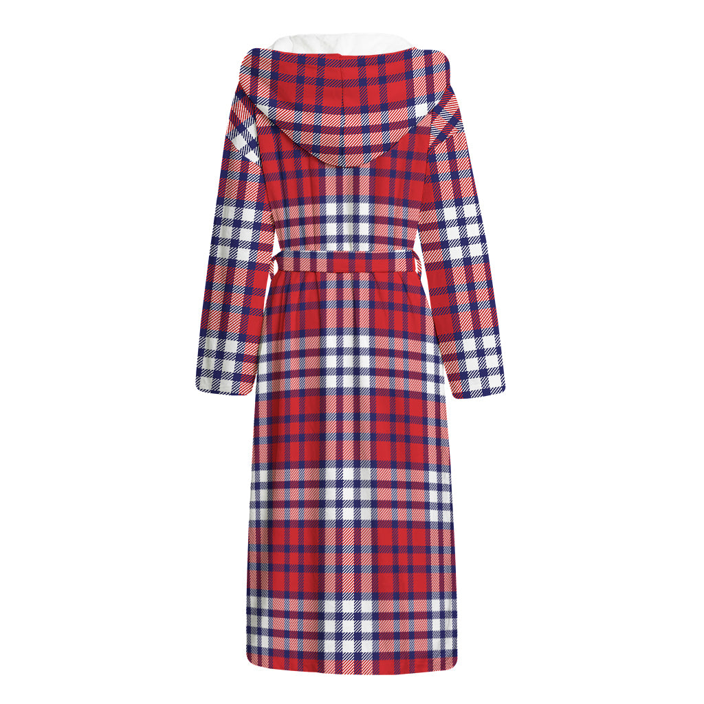 Blue Red And White USA Plaid Print Hooded Bathrobe