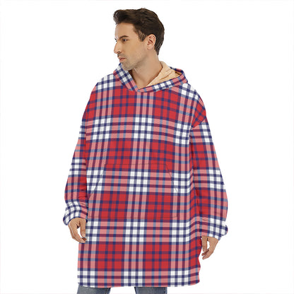 Blue Red And White USA Plaid Print Hoodie Blanket