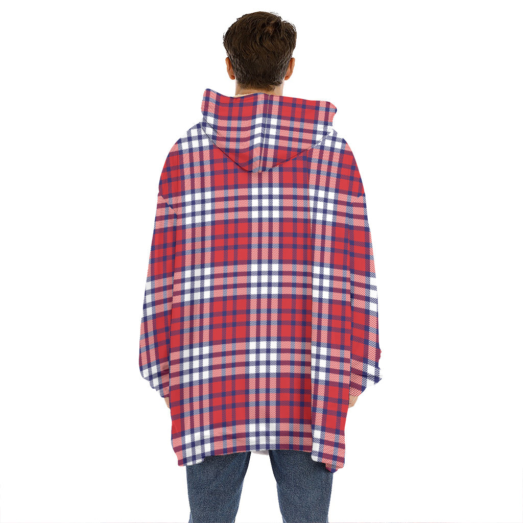 Blue Red And White USA Plaid Print Hoodie Blanket