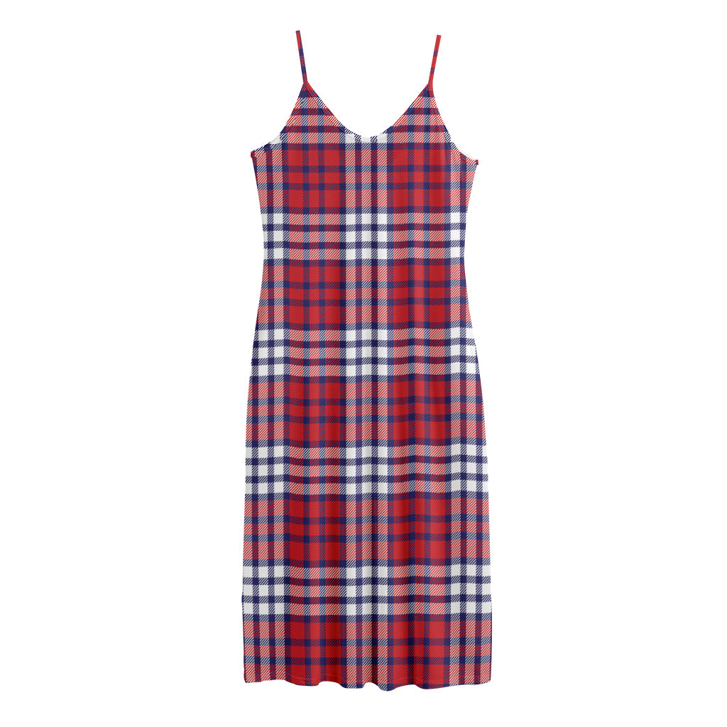 Blue Red And White USA Plaid Print Jersey Midi Cami Dress