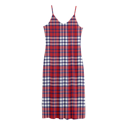 Blue Red And White USA Plaid Print Jersey Midi Cami Dress