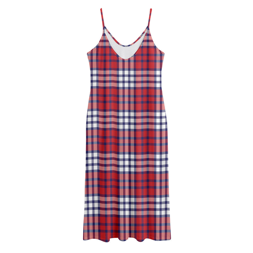 Blue Red And White USA Plaid Print Jersey Midi Cami Dress
