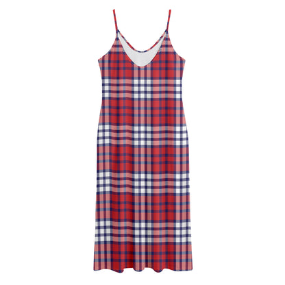 Blue Red And White USA Plaid Print Jersey Midi Cami Dress