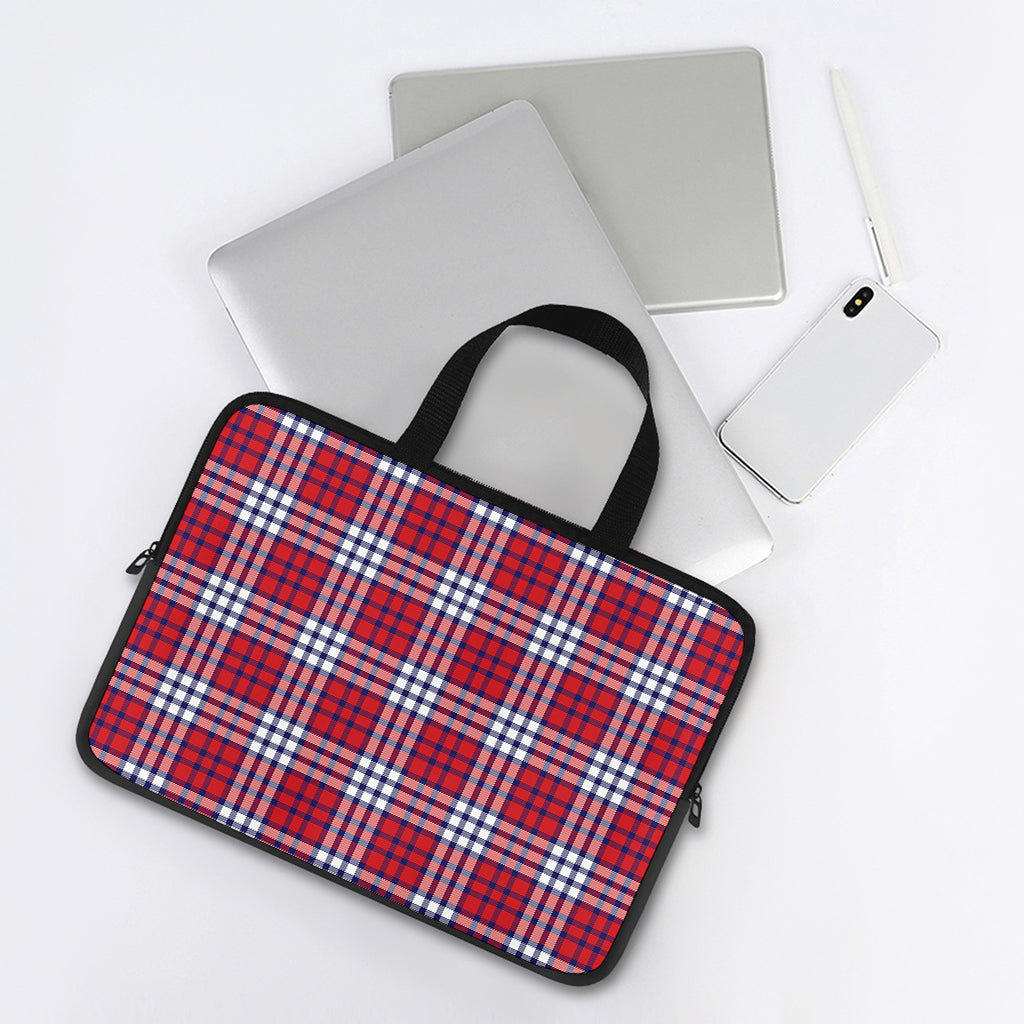 Blue Red And White USA Plaid Print Laptop Sleeve With Handle