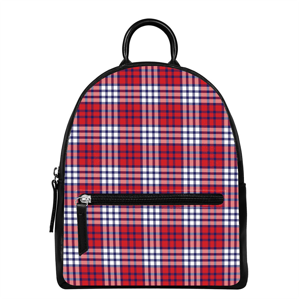 Blue Red And White USA Plaid Print Leather Backpack