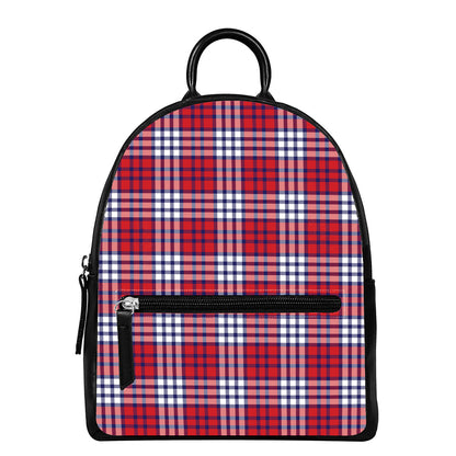 Blue Red And White USA Plaid Print Leather Backpack