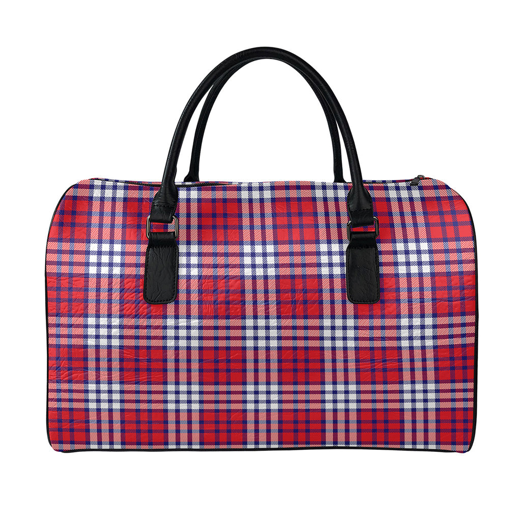Blue Red And White USA Plaid Print Leather Duffle Bag